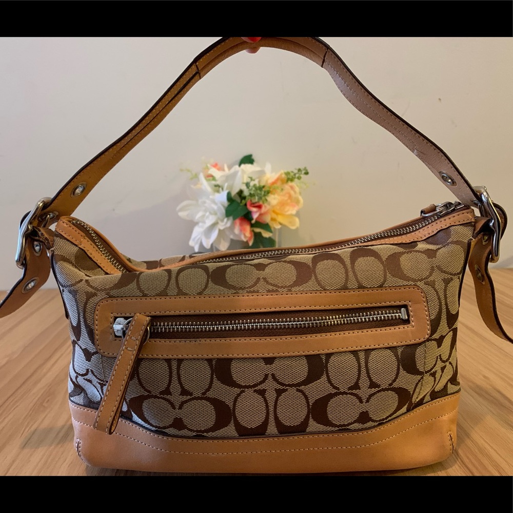 COACH Signature Brown Shoulder Bag w/Leather Strap